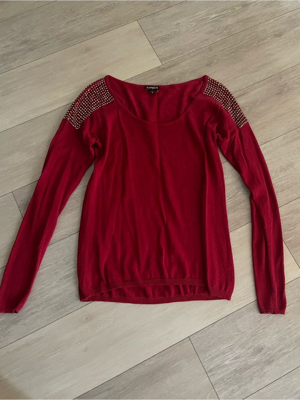 Express Red Long-Sleeve Knit Top with Studded Shoulders